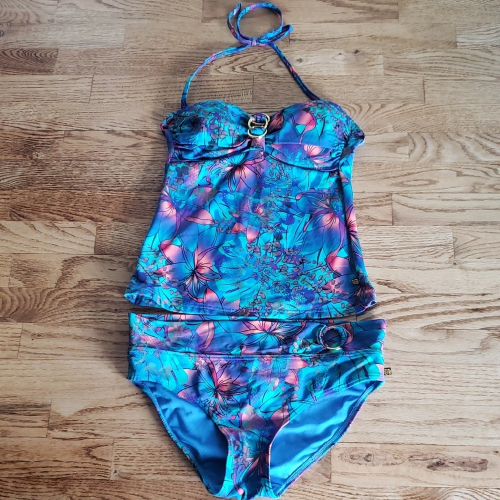 (S) La Vie En Rose Aqua Floral Tropical Beach Colorful Two Piece Tankini Swim